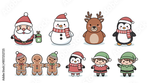 Kawaii Christmas Characters Collection: Santa, Snowman, Penguin, Reindeer, and Elves Illustration Set