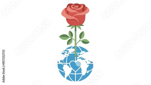 A red rose grows out of a blue globe with a heart symbol on it, representing love and care for the earth and environment