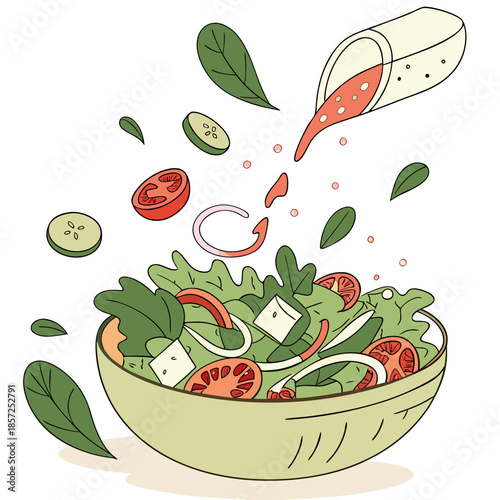 Fresh salad ingredients with dressing being poured into a bowl