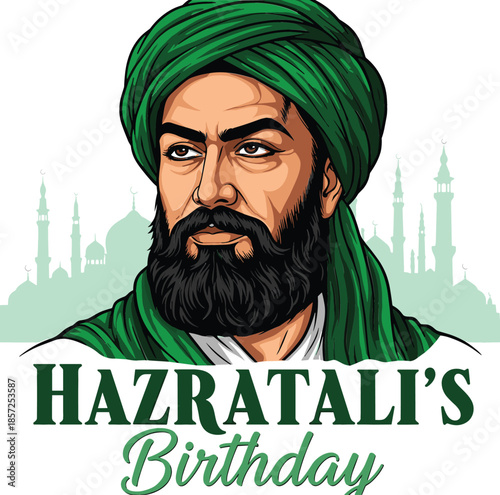 Hazrat Ali's Birthday commemorative vector featuring heroic religious portrait with green mosque silhouette background and stylized festive typography.