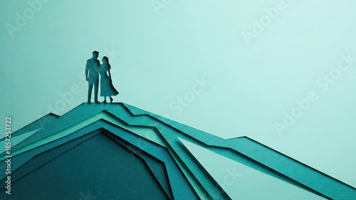 Couple silhouette papercut art romantic love mountain landscape minimal pastel teal dreamlike scene with depth and shadow play