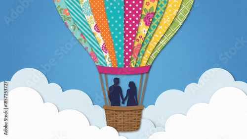 Romantic couple silhouette papercut art hot air balloon sky cloud love travel