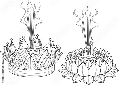 Loy Krathong festival vector set with traditional lotus petal banana leaf floats burning candles and smoking incense sticks.