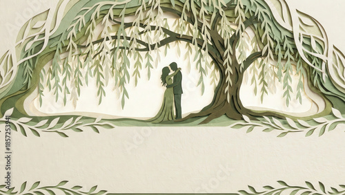 Couple silhouette papercut art romantic embrace under willow tree elegant wedding scene tender love moment serene nature