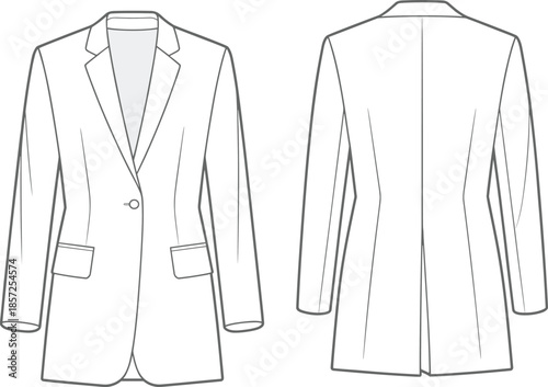 Men tailored blazer jacket technical sketch front and back view vector line art illustration for fashion design template use professional