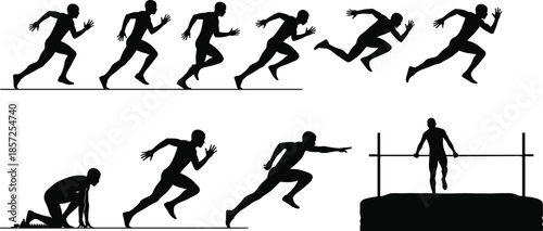 Athlete, silhouette, sprint, motion, jump, track, field, running, leap, dynamic, pose, sport, energy, action, high jump, long jump, starting block, white background, expressive, movement**