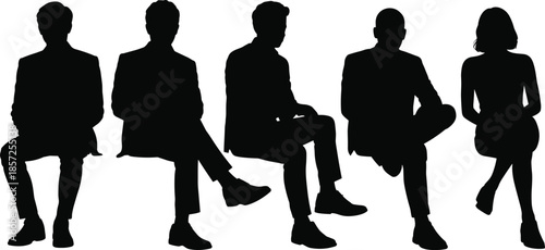Business people silhouette, seated posture collection, formal attire, office pose, male and female figures, black vector illustration, corporate concept