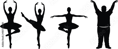 Ballet dancer silhouettes, ballerinas in tutu poses, classical dance positions, casual person mimicking ballet, diversity, humor, performing arts illustration