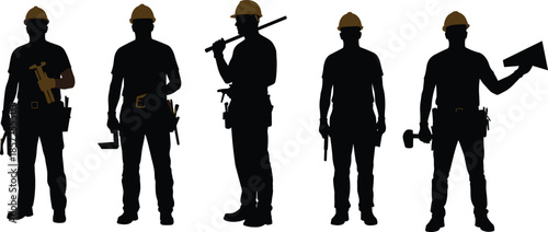 Construction worker silhouettes, hard hat safety, tool belt equipment, diverse trades