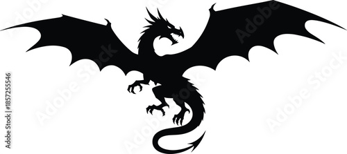 Dragon silhouette, flying mythical creature, fantasy beast, black wings, fierce horns, spiked tail, legendary monster, medieval mythology, powerful design, vector art