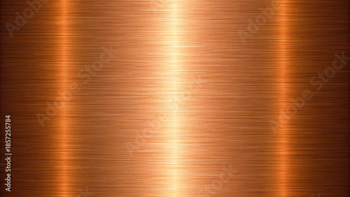 A high-resolution texture of a vertically brushed copper or bronze metal plate with realistic light reflections and sheen.