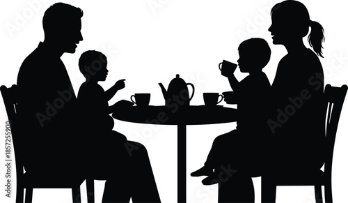 Family of four silhouette drinking tea together, parents with children at table, coffee time icon, breakfast bonding illustration vector