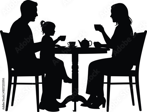 Family silhouette drinking tea together, parents with child at table, coffee time icon, breakfast bonding illustration, home lifestyle vector