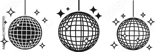 Disco ball line art vector set with hanging mirror balls, sparkles, and retro party decoration elements in black and white outline style