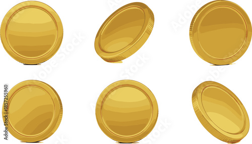 Gold coin vector set with shiny round tokens in different angles, realistic metallic money icons isolated on white background