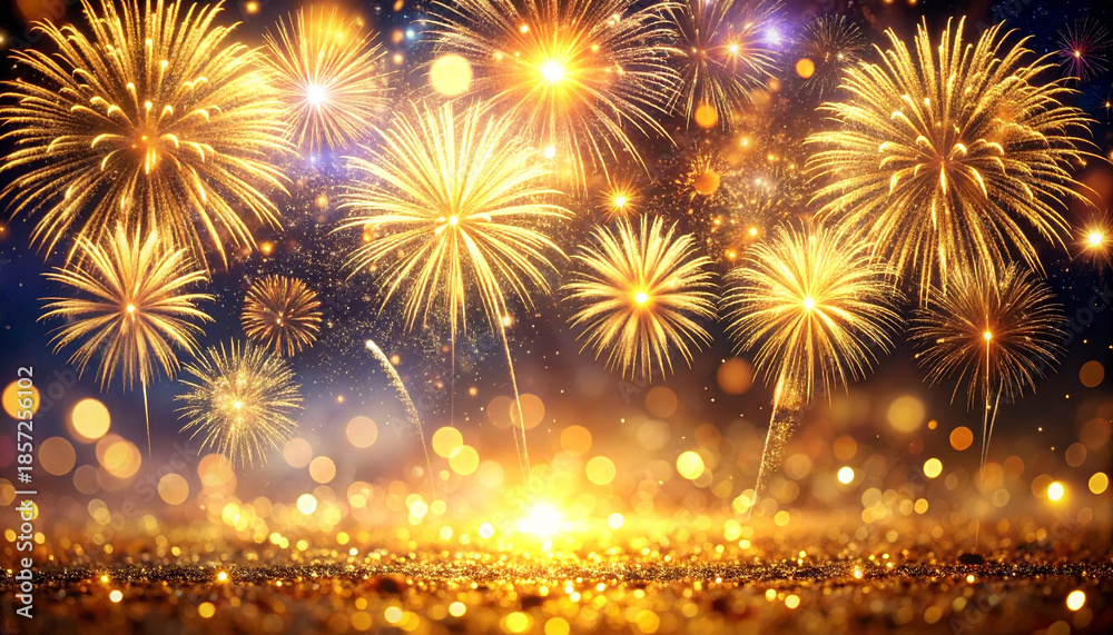 Fototapeta premium Spectacular golden fireworks burst over a shimmering glitter foreground with soft light effects.