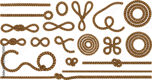 Nautical rope knots vector set with twisted cords, loops and coils, realistic marine rope elements isolated on white background