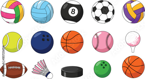 Sports balls and equipment vector illustration set with soccer, basketball, volleyball, baseball, bowling, tennis, and hockey items for fitness and athletic design