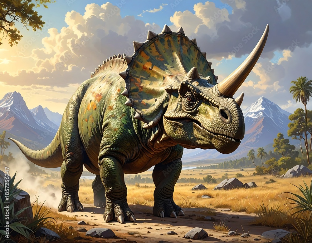 Fototapeta premium Large, three-horned dinosaur walking through a prehistoric landscape