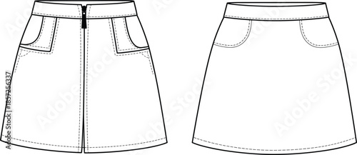 CAD drawing flat vector illustration, technical fashion sketch skirt design front back view, apparel template, clothing construction