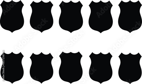 Black shield silhouette icons, police badge shapes, security emblem set, law enforcement symbol, protection sign, defense logo, authority, safety illustration