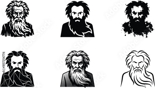 Bearded old man face portraits, rugged wise elder masculine character set illustrations
