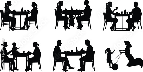 Dining silhouettes, family meal, restaurant interaction, parent and child, lifestyle, communication, bonding, social gathering, eating together, children activity, relationship illustration