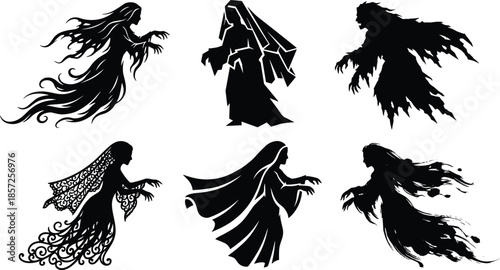 Ghostly women spirit silhouettes, haunted gothic phantom bride spooky horror illustration set