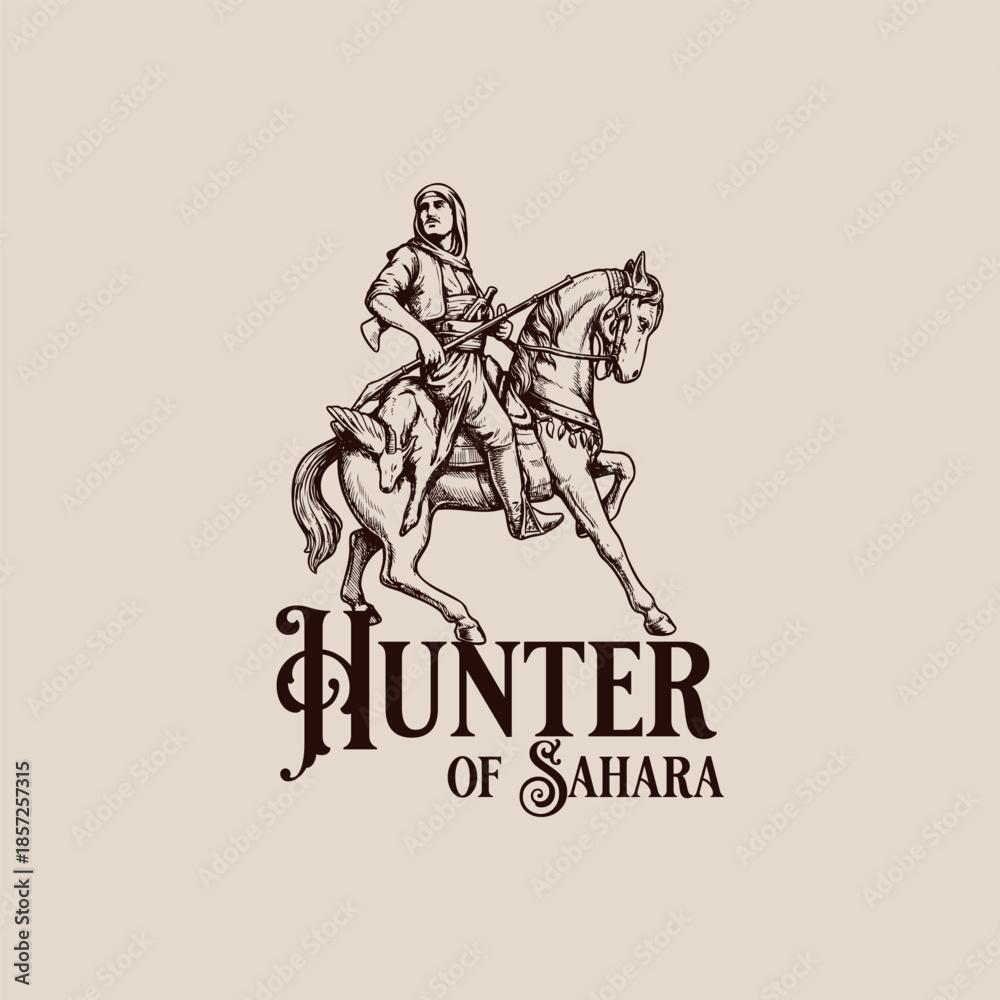 Naklejka premium Sahara Desert Hunter Warrior on Horseback Vintage Engraving Vector Illustration