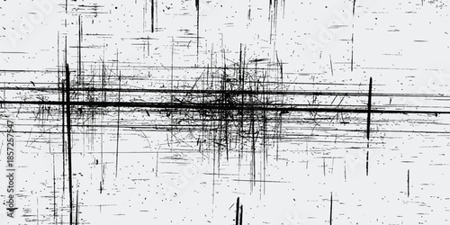 Abstract scratched ink texture  chaotic black scratch lines on white background.