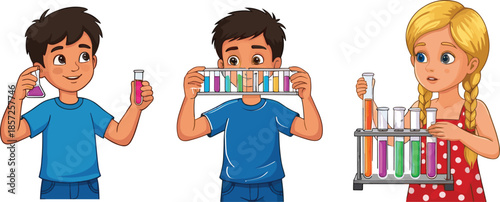 PrintChildren science experiment, colorful liquids, chemistry class, laboratory glassware, STEM education, kids learning, school project, discovery activity, classroom science, hands on learning