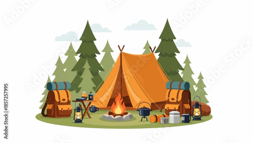 Camping scene with tent, campfire, and outdoor gear in forest surroundings viewed from a distance