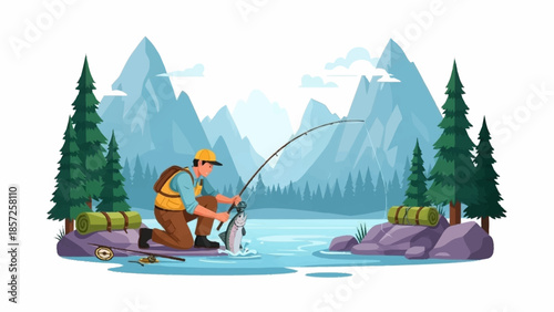 Man fishing on a serene lake surrounded by mountains and trees