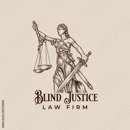 Blind Justice Lady Justice Scales and Sword Law Firm Vintage Vector Illustration