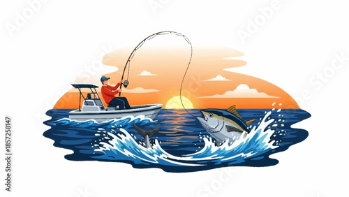 Fishing Scene with Boat and Large Fish in the Ocean at Sunset