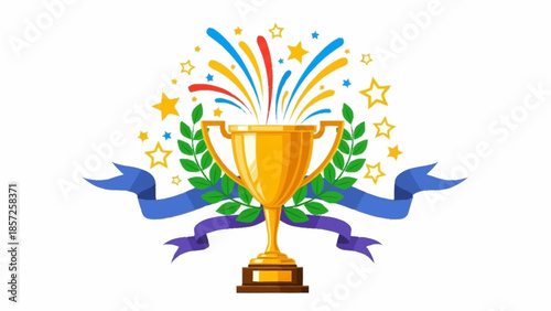 Golden trophy with ribbons and stars celebrating victory and achievement in a festive atmosphere from a front viewpoint