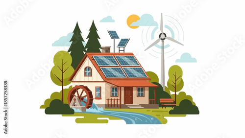 Sustainable home with solar panels and wind turbine in a serene natural environment viewed from a distance