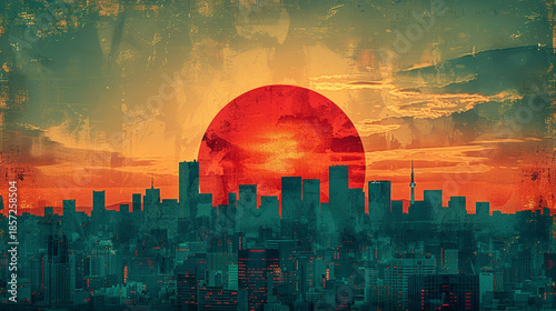 Abstract Tokyo Cityscape at Sunset with Modern Skyscrapers and Large Red Sun