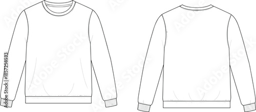 Crewneck sweatshirt flat sketch, long sleeve fashion template, ribbed cuff garment design, casual apparel technical drawing, clothing construction vector illustration