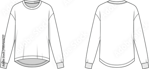 Crew neck long sleeve shirt flat sketch, front and back technical illustration, apparel design template, ribbed cuffs, curved hem construction reference