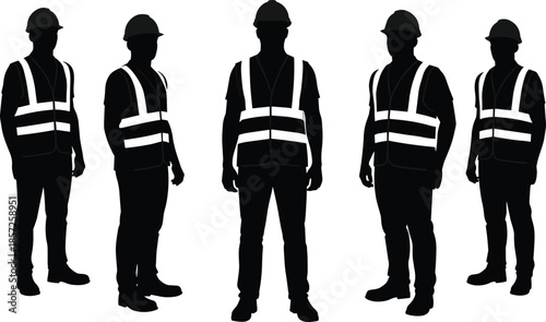 Construction worker silhouettes safety helmet vest, industrial labor team illustration, black vector design, protective gear uniform, workplace safety concept, engineering workforce art