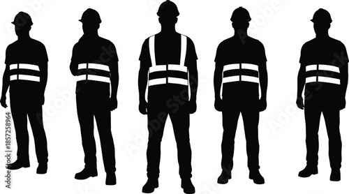 Construction worker silhouettes safety helmet vest, industrial labor team illustration, black vector design, protective gear uniform, engineering workforce concept art