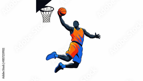 Dynamic illustration of a basketball player dunking in mid-air with vibrant colors