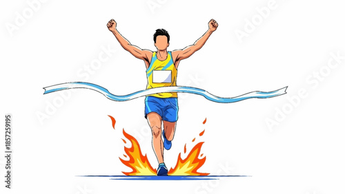 Triumphant athlete crosses fiery finish line with arms raised in victory