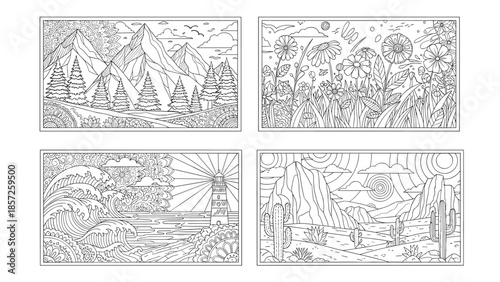 Vibrant illustrations of serene landscapes for adult coloring books, Generative AI.
