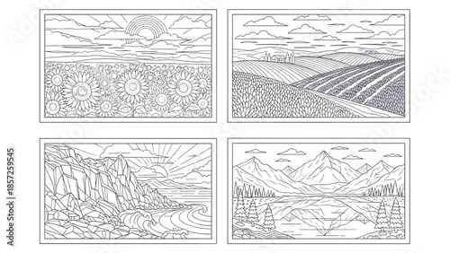 Serene landscapes with sunflowers mountains and ocean waves for relaxation, Generative AI.