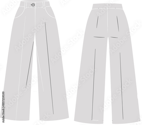 CAD drawing flat vector illustration, wide-leg trousers fashion flat sketch, high waist, belt loops, side pockets, tailored design, sewing pattern
