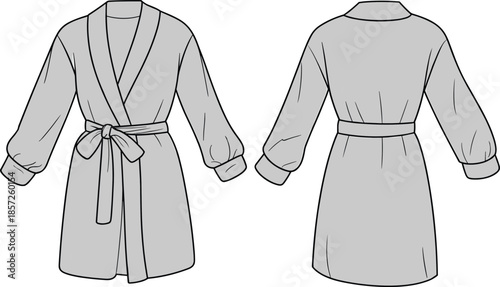 Bathrobe flat sketch, wrap style robe, shawl collar garment, waist tie belt design, long sleeve fashion apparel, cad drawing flat vector illustration