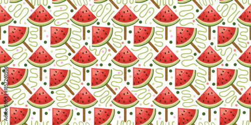 Seamless pattern of watermelon popsicles on white background. Fun summer watermelon ice lolly seamless pattern
