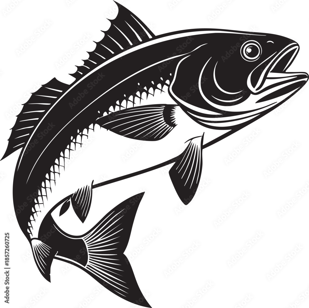 Fototapeta premium Leaping Fish Silhouette – Black Line Vector Illustration Featuring Open Mouth, Extended Fins, and Dynamic Motion